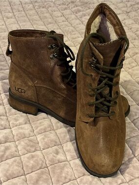 UGG Men's Brown Leather Lace-Up Shearling Ankle Boots